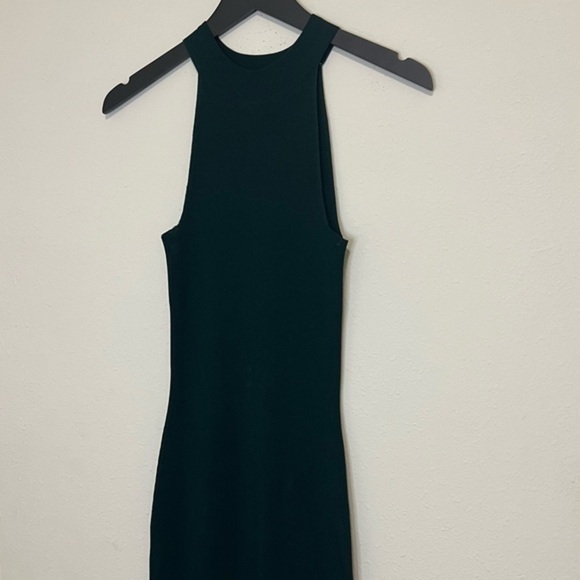 H&M Dark Green Fitted Dress High Neck Midi Party Cocktail Ribbed - Picture 6 of 8